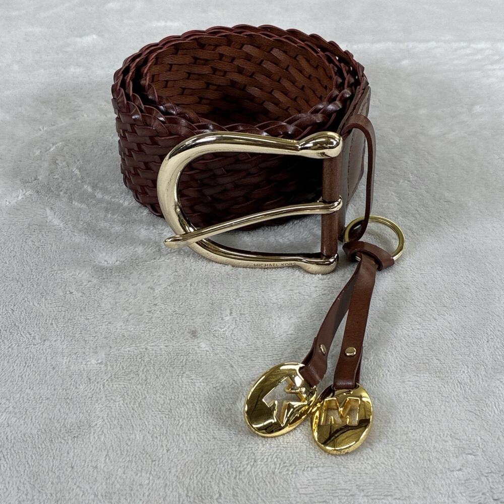 Michael Kors Brown Woven Leather Belt with Gold Hardware